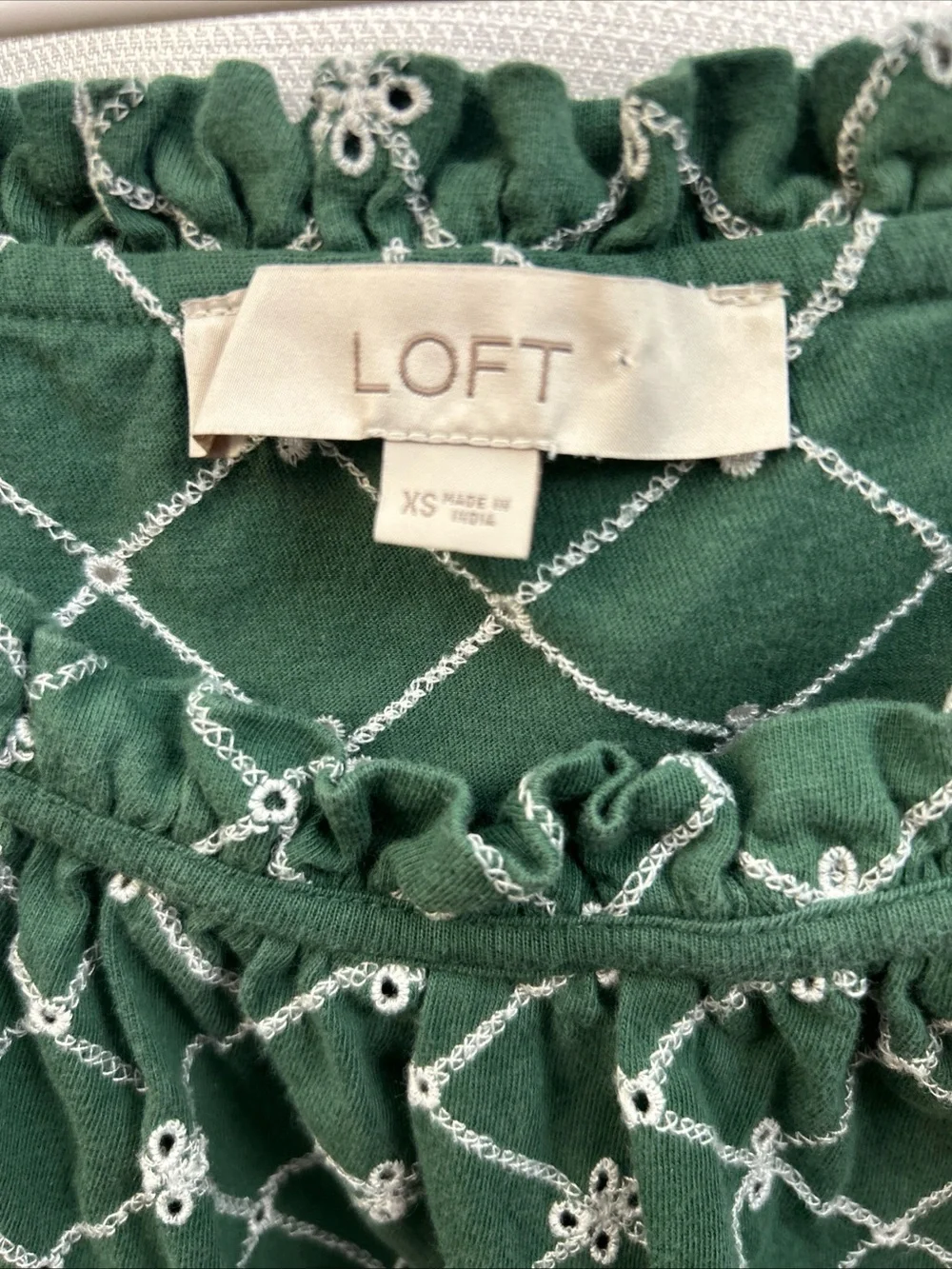 LOFT Green Puff Sleeve Embroidered Square-Neck Top